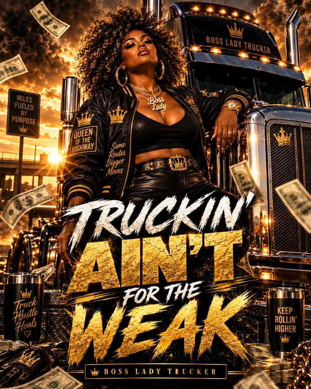 Truckin' Ain't For The Weak black-and-gold song artwork showing a confident woman and semi truck