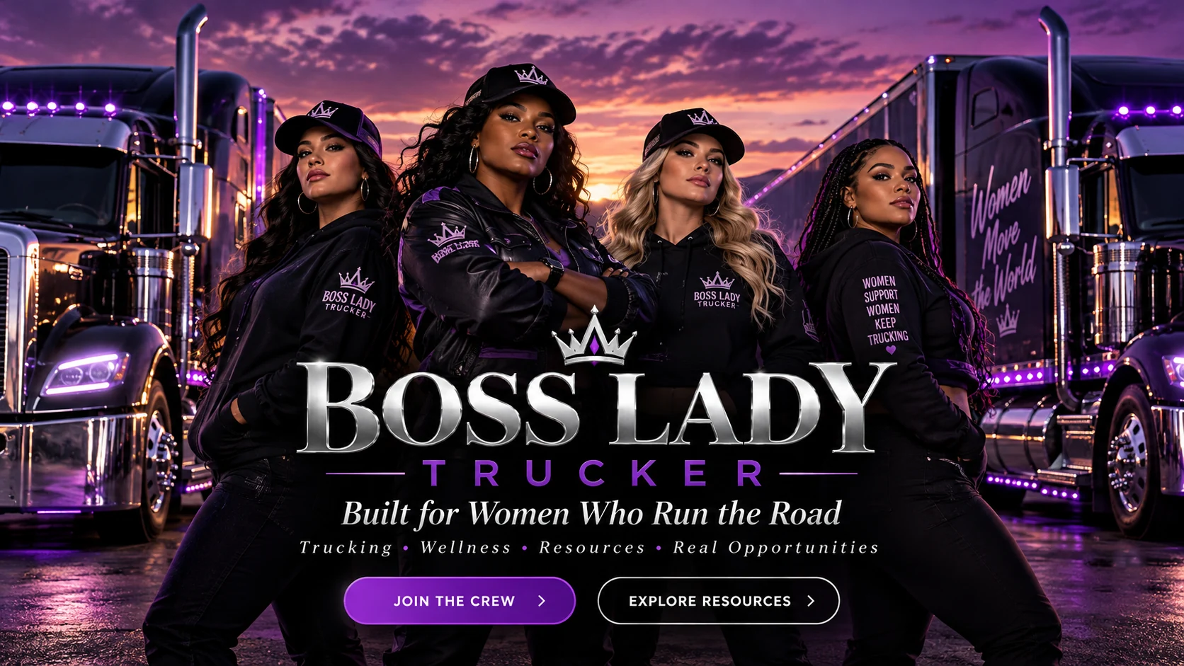Four diverse women truckers stand confidently in front of purple-lit semi trucks at sunset, with the Boss Lady Trucker title and Built for Women Who Run the Road slogan.